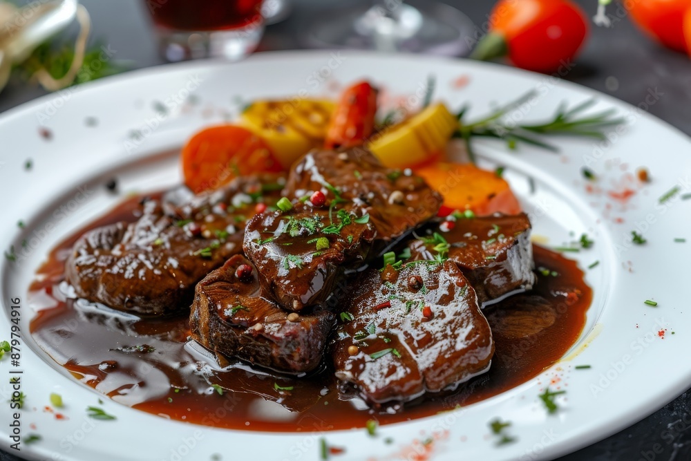 Beef liver with demiglas sauce vegetables white plate Meat and wine dinner Beef liver with demiglas sauce vegetables white plate Meat and wine dinner