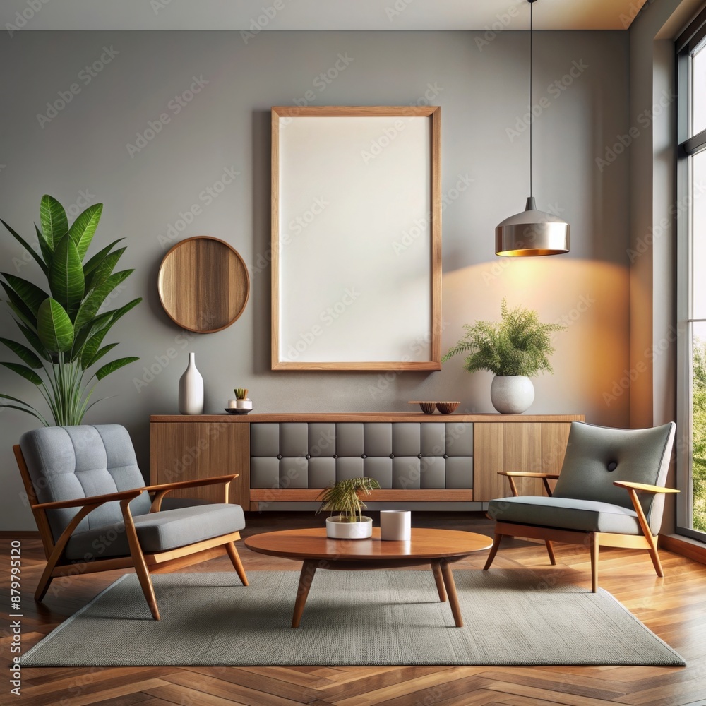 Mockup frame in a mid-century modern living room with clean lines and vintage furniture. Mockup frame in a mid-century modern living room with clean lines and vintage furniture.