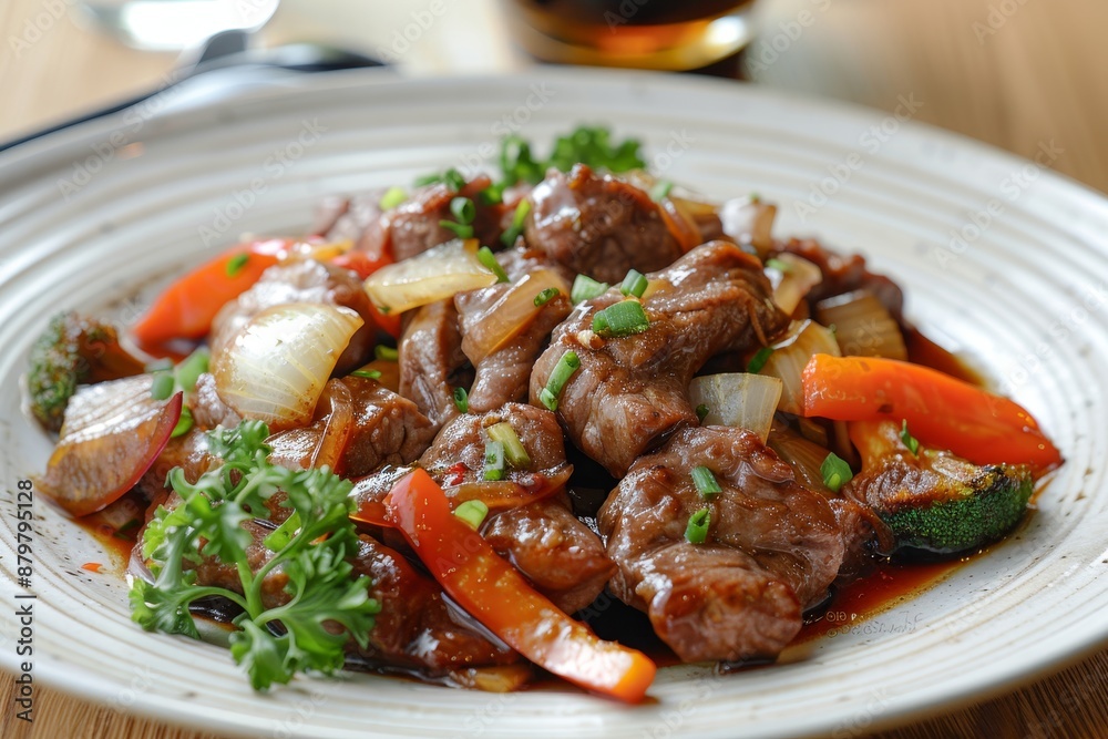 Beef tendon stir fried in oyster sauce with vegetables on a plate Beef tendon stir fried in oyster sauce with vegetables on a plate