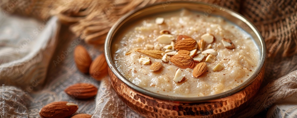 almond pudding in a copper bowl on a fabric background, Diwali, Indian food, nuts, almonds, Holi, kheer, firni, badam kheer, milk pudding, traditional food, banner almond pudding in a copper bowl on a fabric background, Diwali, Indian food, nuts, almonds, Holi, kheer, firni, badam kheer, milk pudding, traditional food, banner