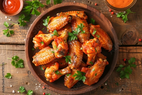 Bird s eye view of fiery buffalo chicken wings photo