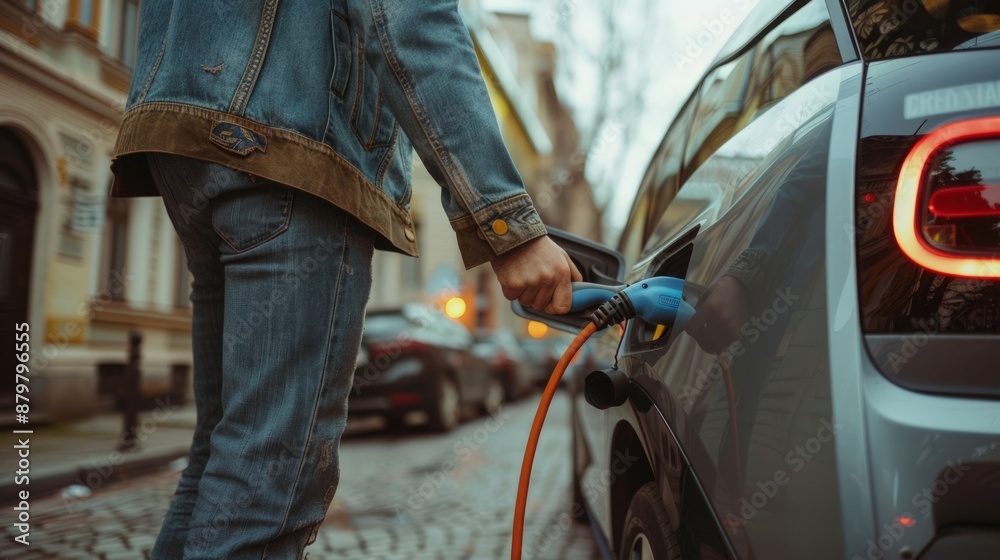 A person is plugging a car into a charging station. Generate AI image A person is plugging a car into a charging station. Generate AI image