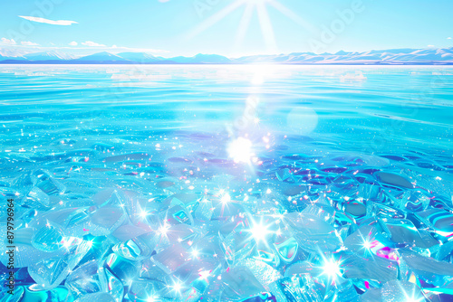 Close-up of ice pieces on a background of turquoise sea water and the setting sun, desktop wallpaper