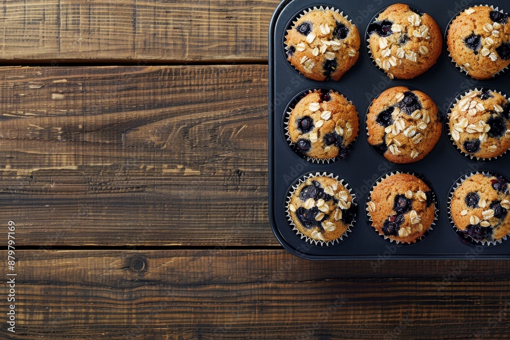 Blueberry muffin with oats on wooden tray top view Blueberry muffin with oats on wooden tray top view