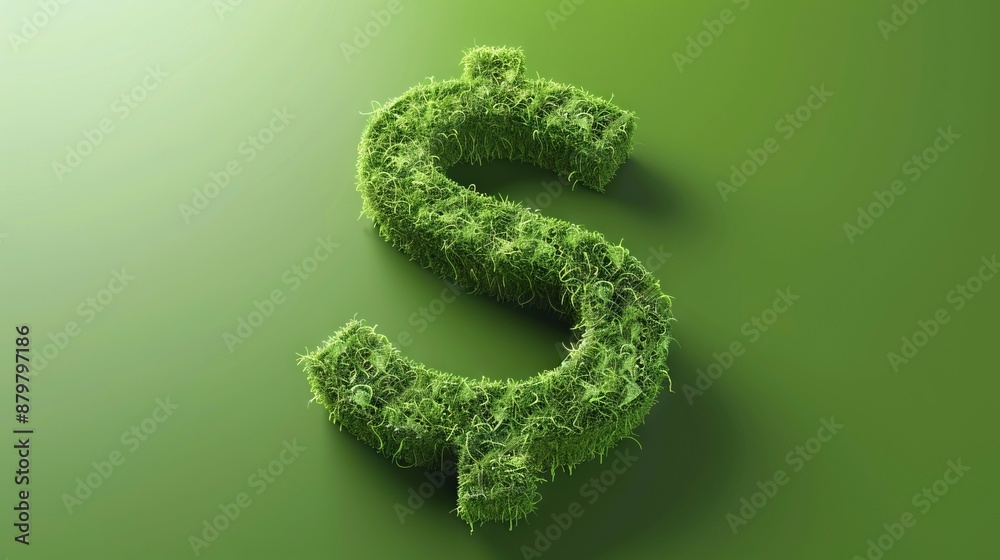 Green dollar sign symbol. Closeup of a dollar sign made of green grass, symbolizing growth, prosperity, and financial success.