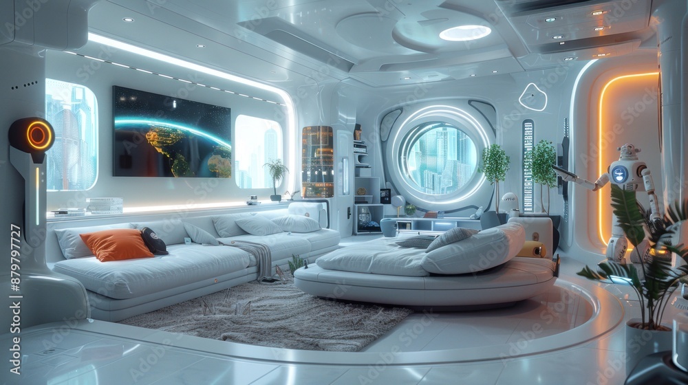High-tech living room with floating sofa, touch-sensitive wall, robotic assistant. High-tech living room with floating sofa, touch-sensitive wall, robotic assistant.