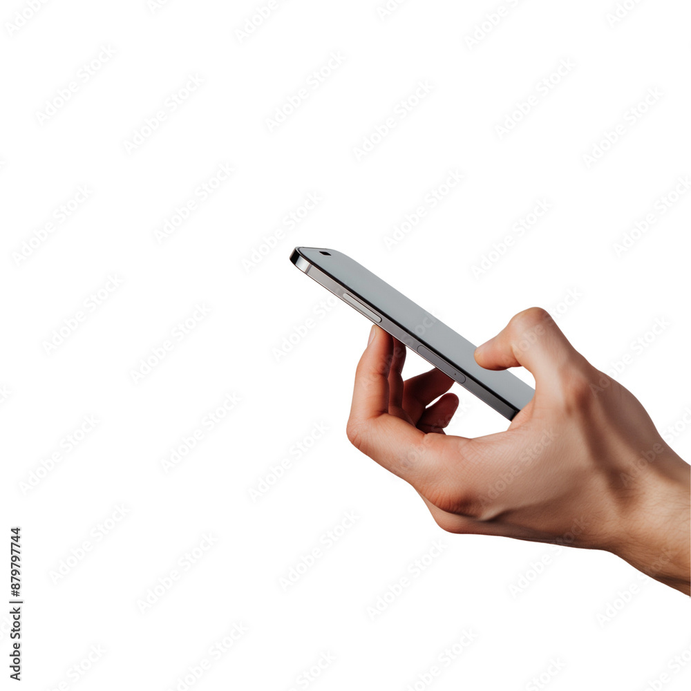Man Hand holding smartphone mockup with white screen on Transparent background Man Hand holding smartphone mockup with white screen on Transparent background