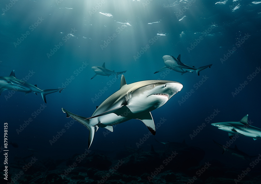 Naklejka premium Animal Photo: Sharks Swim in Ocean, Realistic Photography