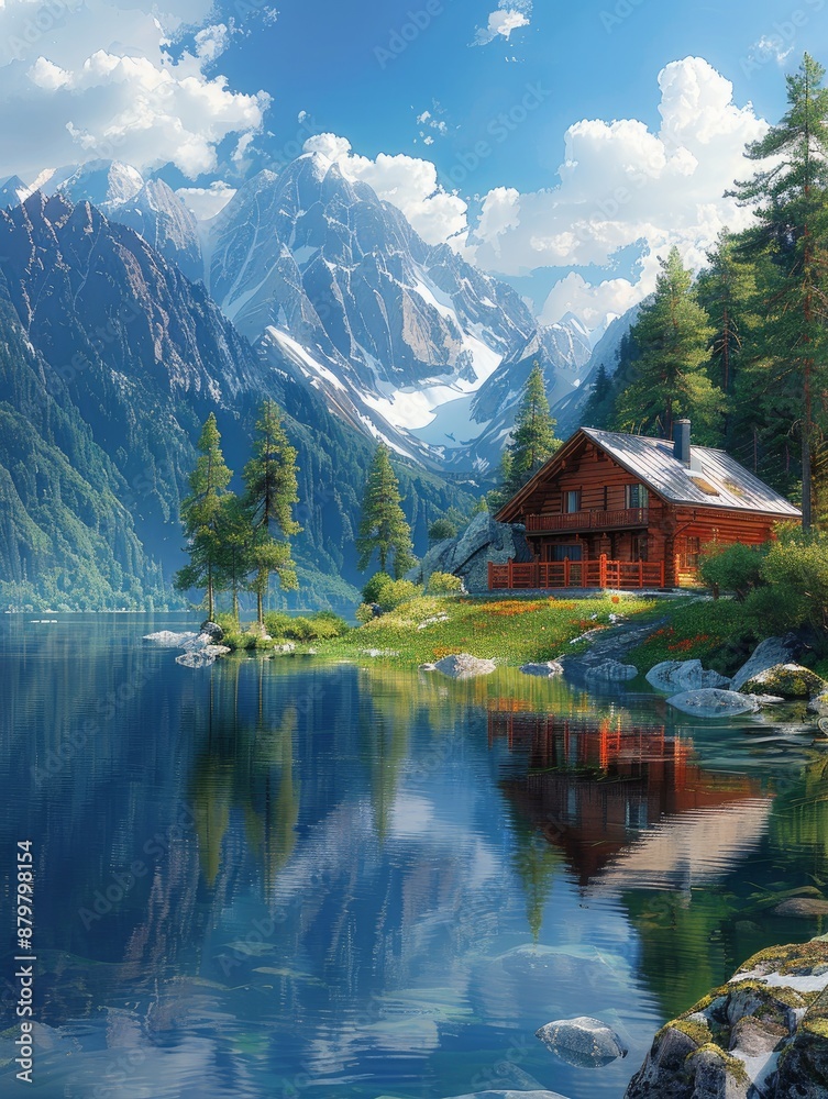 Fototapeta premium house by the lake in the mountains