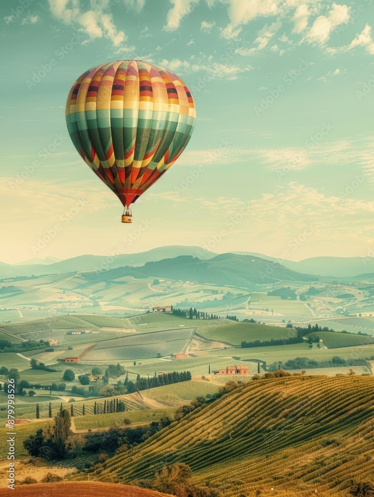 Fototapeta premium Hot Air Balloon Over Rolling Hills and Vineyards.
