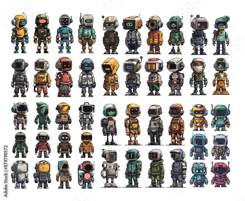 Androids characters pixel art vector set. Futuristic robots bounty hunters gangsters neo cyberpunk digital creatures persons, illustrations isolated on white background
