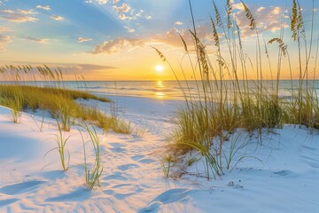 Stickers Plage et Mer A beautiful sandy beach with dunes and grasses at sunset, showcasing the serene beauty of coastal landscapes. The sun sets over an ocean horizon in the background, casting warm hues across the sky.  © Ace64 Studio