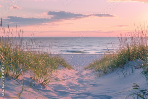 A serene beach scene at sunset, with soft sand dunes and tall grasses in the foreground, leading to an unobstructed view of calm waters meeting the horizon under a pastel sky.