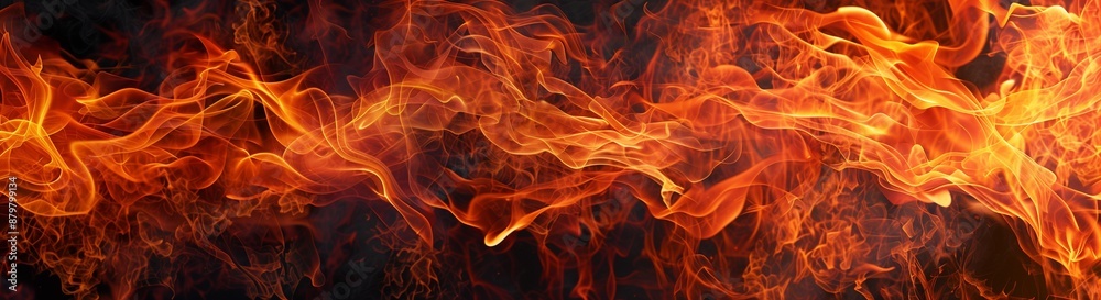 Fire flames isolated on black background panoramic view Fire flames isolated on black background panoramic view
