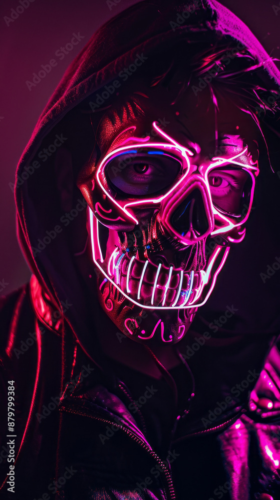 Killer wearing neon pink skull mask.generative ai Killer wearing neon pink skull mask.generative ai