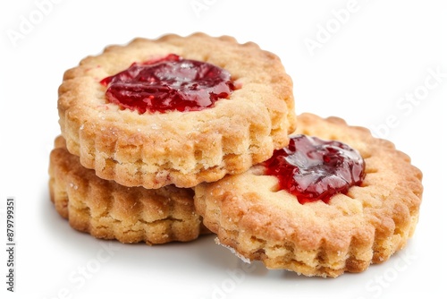 Butter cookies with strawberry jam topping crumbly and crunchy on white background