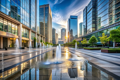 A city street with a fountain in the middle. The fountain is surrounded by trees and has a lot of water. The sky is blue and the sun is setting