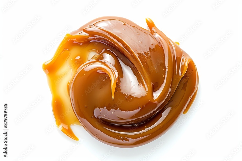 Caramel sauce melted and isolated on white background seen from above