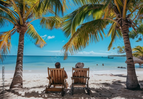 A man and woman relaxing on beach chairs under palm trees, overlooking the ocean in tropical climate area © Ace64 Studio