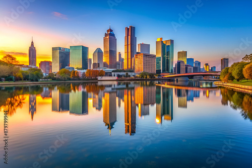 A city skyline is reflected in a body of water. The sun is setting, casting a warm glow over the scene