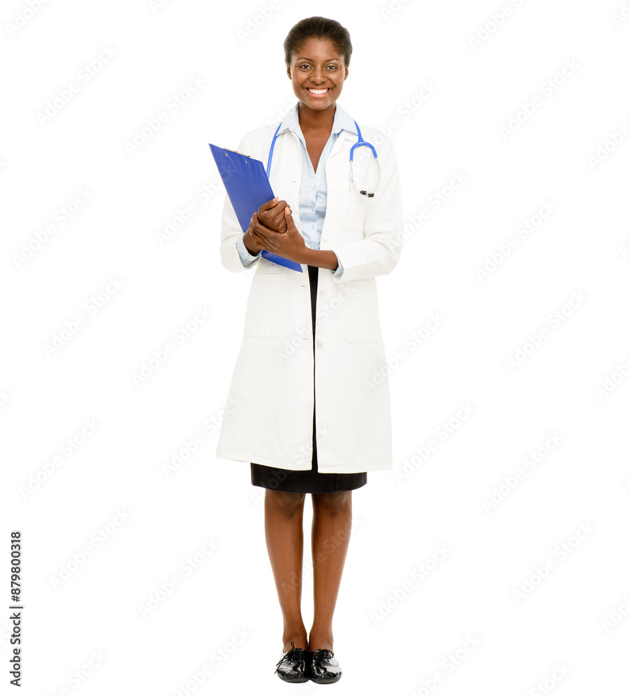 Health, portrait and black woman in studio with clipboard for notes, medical information or paperwork on white background. Doctor, stethoscope and person for insurance report, script or admin Health, portrait and black woman in studio with clipboard for notes, medical information or paperwork on white background. Doctor, stethoscope and person for insurance report, script or admin