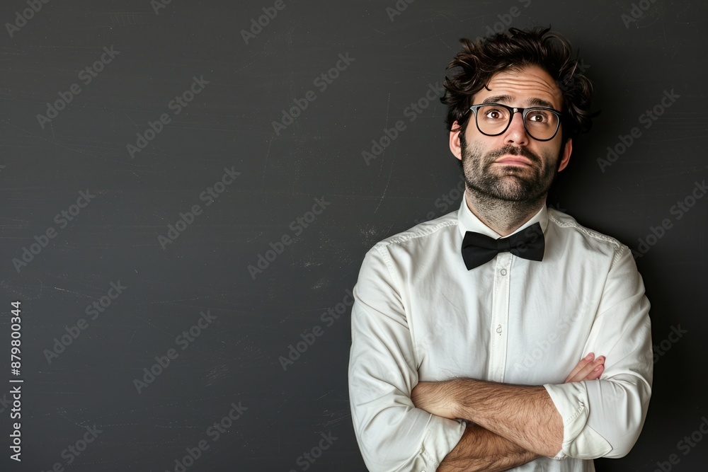Obraz premium Thoughtful man with arms crossed, wearing a bow tie, looking up.