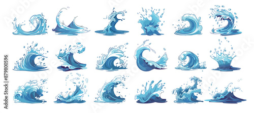 Water splashes cartoon vector set. Drops smudges falling liquid waves sea ocean spills motion overflow whirlpools illustrations isolated on white background