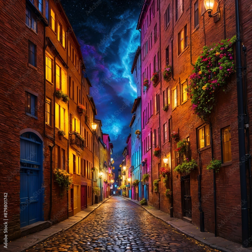 Naklejka premium A cobblestone street lined with colorful buildings glows warmly under vibrant streetlights, with a vivid, starry night sky overhead. Hanging flower baskets adorn the buildings,(Gen, A.I.)