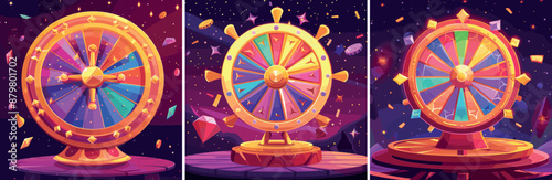 Wheel of fortune cartoon vector posters. Roulette luck bingo casino game gambling lottery sweepstakes lucky chance colored illustrations