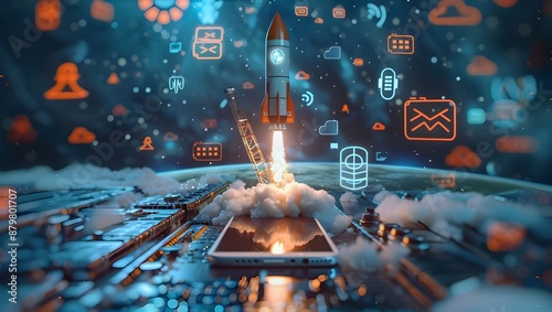 A rocket being launched from a smartphone screen, representing innovation, technology growth, or startup. Generated AI photo