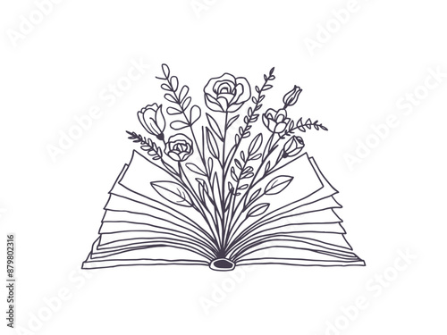 Line Art open book with flowers and roses emerging from اts pages