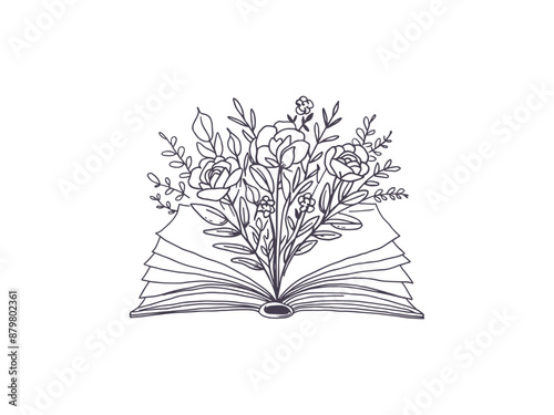 Line Art open book with flowers and roses emerging from اts pages