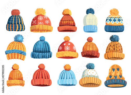 Winter hats cartoon vector set. Kids knitted fall caps warming keep clothing cold weather accessories, illustration isolated on white background