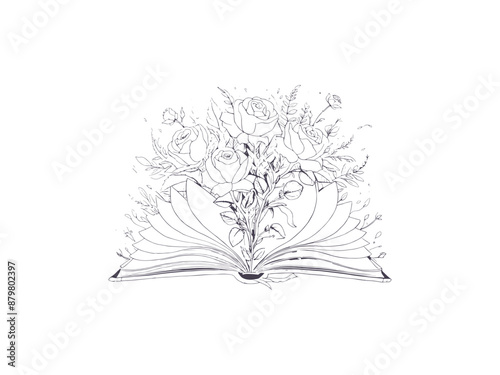 Line Art open book with flowers and roses emerging from اts pages