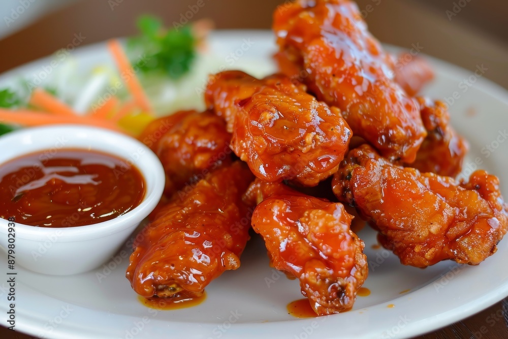 Chicken wings and boneless snacks with ketchup and dressing Chicken wings and boneless snacks with ketchup and dressing