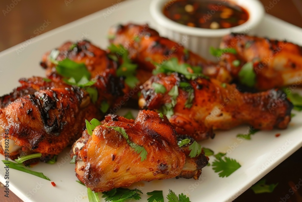 Chicken wingette cooked in an air fryer with fish sauce on a white plate Chicken wingette cooked in an air fryer with fish sauce on a white plate