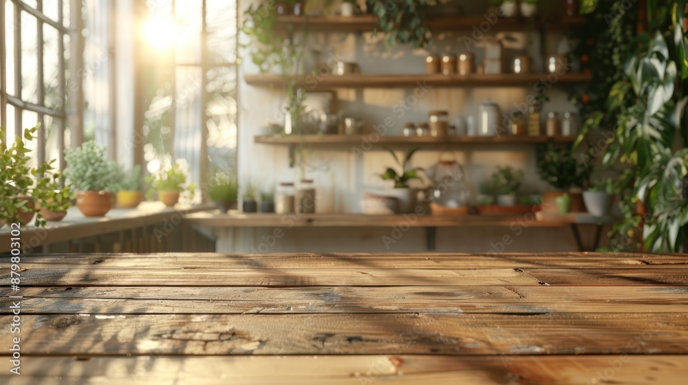 Empty wooden table with warm natural light, blurred background of rustic kitchen. Empty wooden table with warm natural light, blurred background of rustic kitchen.