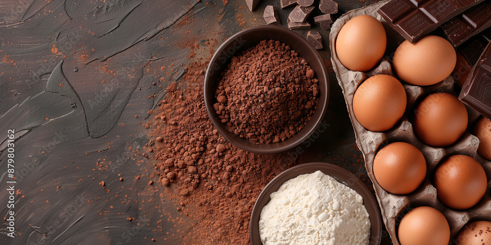Chocolate cake ingredients close up. Banner with copy space Chocolate cake ingredients close up. Banner with copy space
