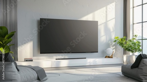 A contemporary flat screen TV with no image displayed, mounted on the wall in a modern living room.