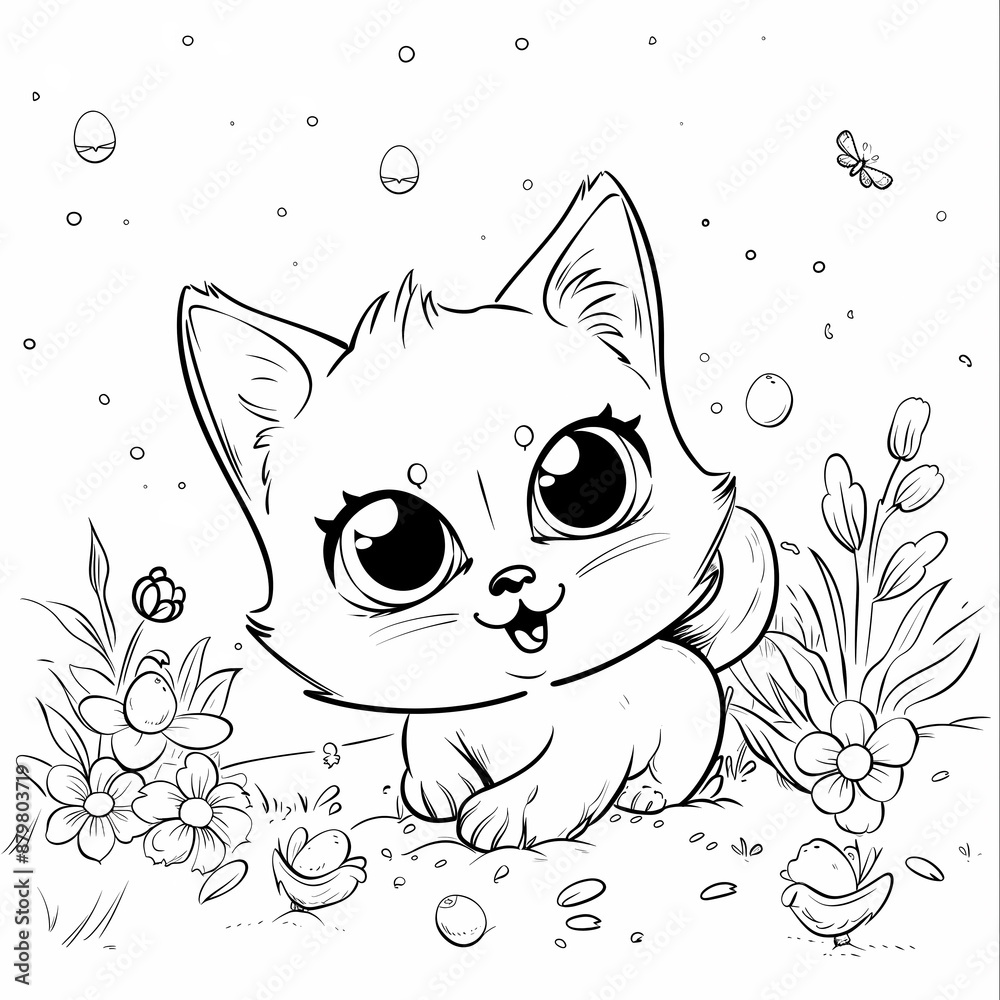 Fototapeta premium Black and white illustration of a cute cat among the flowers. Coloring picture for kids.