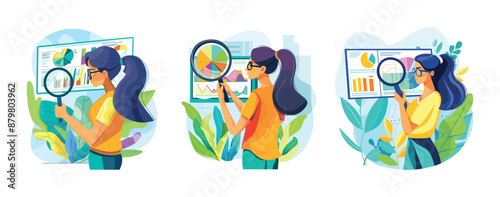 Woman holding magnifying glass evaluates graphs charts cartoon vector scenes. Young girl long hair glasses statistics marketing company customers identification audience segmentation research