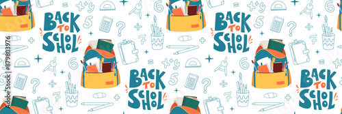 Back to School seamless pattern. Colorful backpack and stationery. Mathematical doodle elements. Concept of education. For textile design, packaging, scrapbooking. Vector flat illustration.