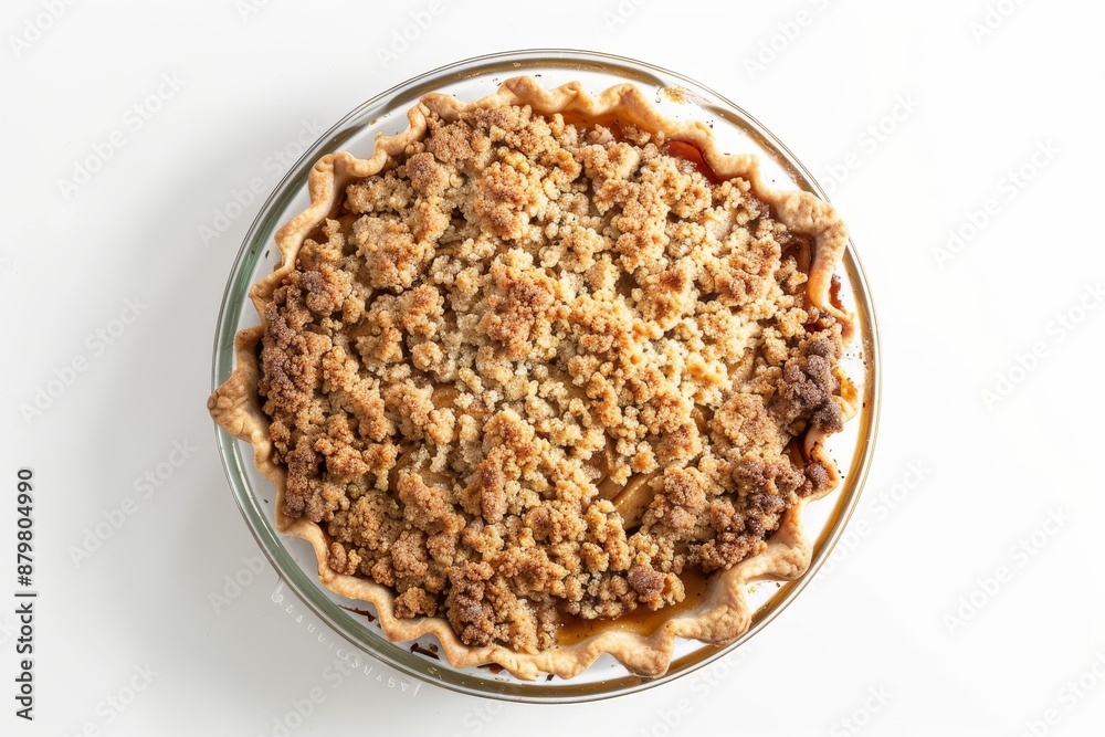 Cinnamon apple crumble pie in glass dish viewed from above on white background Cinnamon apple crumble pie in glass dish viewed from above on white background