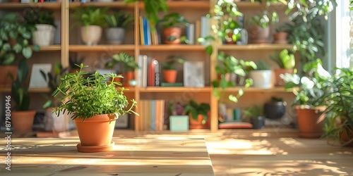 Creating an Indoor Space with Biophilic Design Incorporating Plants, Light Wood, and Books. Concept Biophilic Design, Indoor Plants, Light Wood, Botanical Books, Green Living © Anastasiia