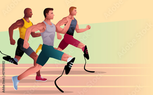 Paralympic athlete racing with prosthetic legs on a running track. Perfect for sports events, and inspirational content, highlights determination, athleticism, and the triumph of the human spirit