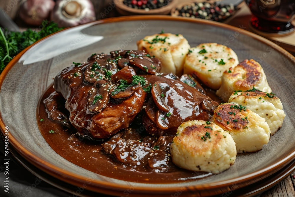 Classic German pork cheeks braised in brown sauce with mushrooms and served with Silesian dumplings Classic German pork cheeks braised in brown sauce with mushrooms and served with Silesian dumplings