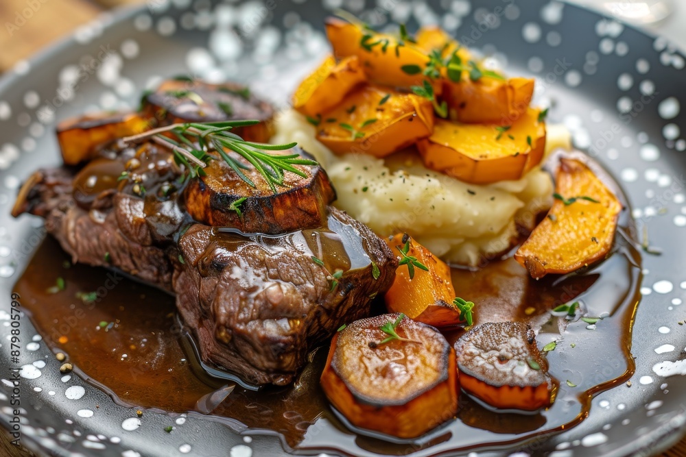 Classic roasted beef heart with fried pumpkin slices mashed potatoes and red wine gravy on a modern plate Classic roasted beef heart with fried pumpkin slices mashed potatoes and red wine gravy on a modern plate