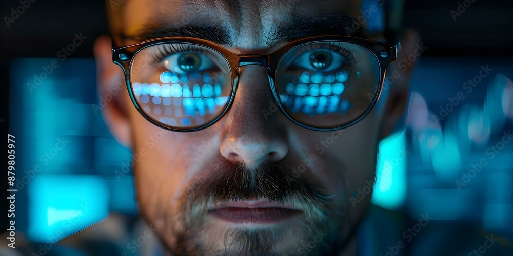Focused developer wearing glasses working on computer, closeup of eye while coding software. Concept Software Development, Eye Strain, Coding Glasses, Computer Work, Closeup Technology Focused developer wearing glasses working on computer, closeup of eye while coding software. Concept Software Development, Eye Strain, Coding Glasses, Computer Work, Closeup Technology