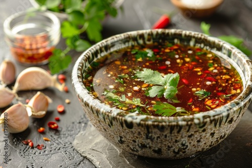 Close up horizontal image of bowl with ingredients for Vietnamese Nuoc Cham spicy sauce photo