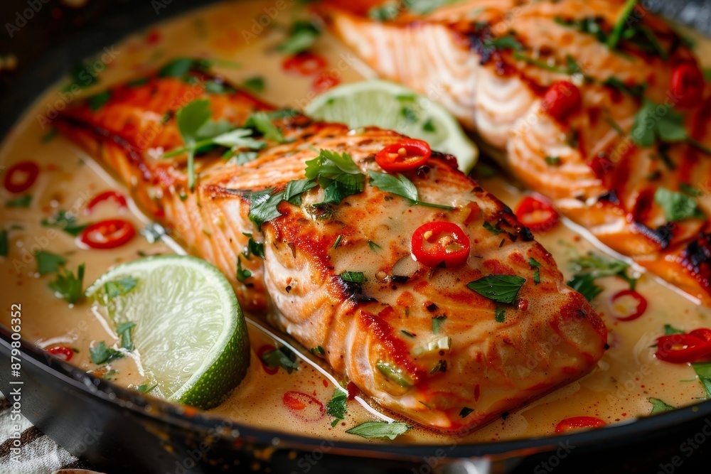 Close up of Asian style salmon with coconut sauce lime and herbs in a frying pan on table Close up of Asian style salmon with coconut sauce lime and herbs in a frying pan on table